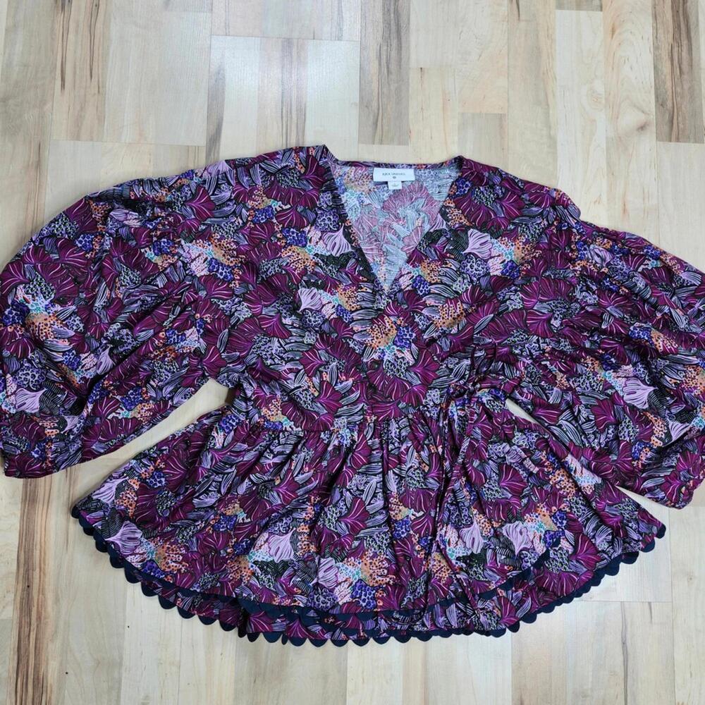 Kika Vargas Floral Peplum Blouse Medium Statement Sleeve 100% Cotton